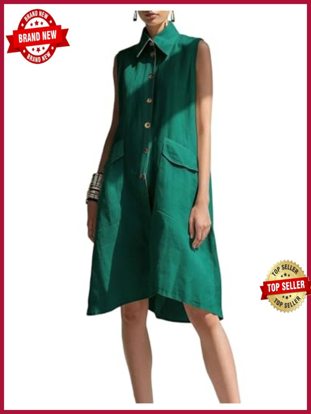 Cotton Linen Sleeveless Button Down Midi Dress with Pockets
